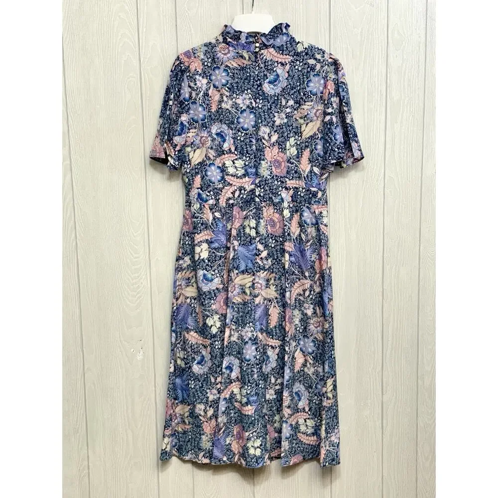 Julia Jordan Blue Floral Ruffle Neck Midi Dress Size 12 - Picture 6 of 8